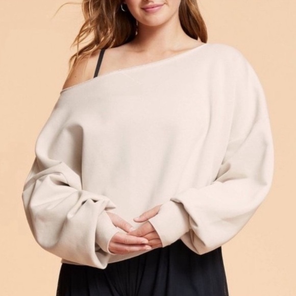Blogilates Dance Studio Off the Shoulder Sweatshirt Light Taupe Small NEW - Picture 1 of 5